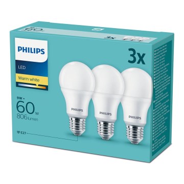 Σετ 3x LED Λάμπα Philips E27/9W/230V 2700K