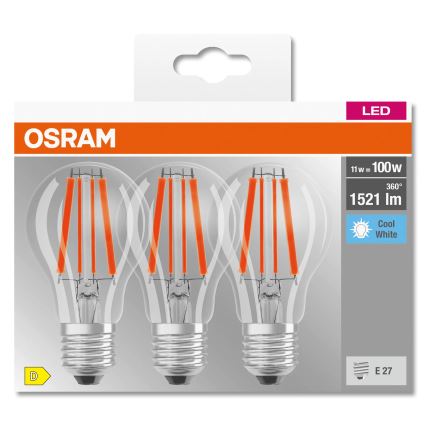 Σετ 3x LED λαμπτήρων BASE CLASSIC FILAMENT A60 E27/11W/230V 4000K - Osram