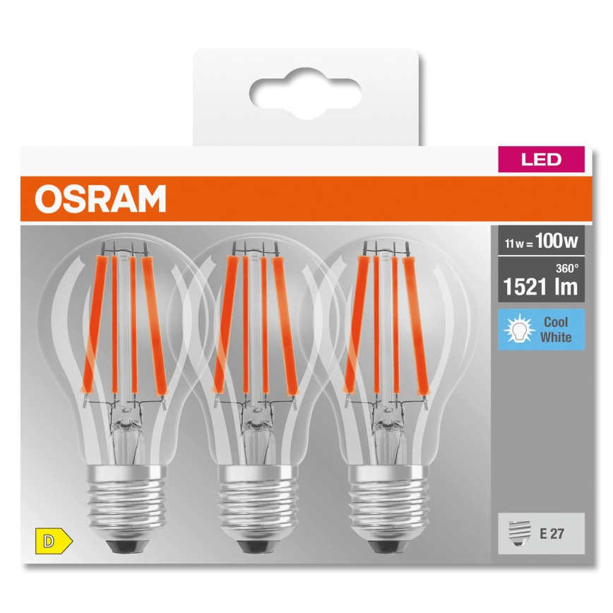Σετ 3x LED λαμπτήρων BASE CLASSIC FILAMENT A60 E27/11W/230V 4000K - Osram