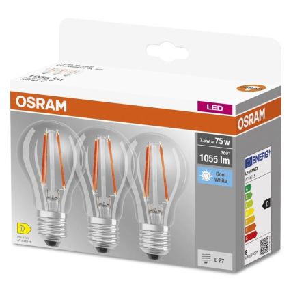 Σετ 3x LED λαμπτήρες BASE CLASSIC FILAMENT A60 E27/7,5W/230V 4000K - Osram