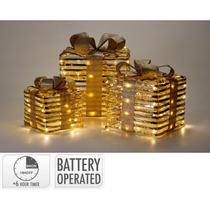 Σετ 3x LED χριστουγεννιάτικα διακοσμητικά 20xLED/2xAA + 30xLED/3xAA + 40xLED/3xAA ζεστό λευκό δώρα/χρυσό
