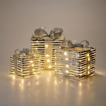 Σετ 3x LED χριστουγεννιάτικα διακοσμητικά 20xLED/2xAA + 30xLED/3xAA + 40xLED/3xAA θερμό λευκό δώρα/ασημί