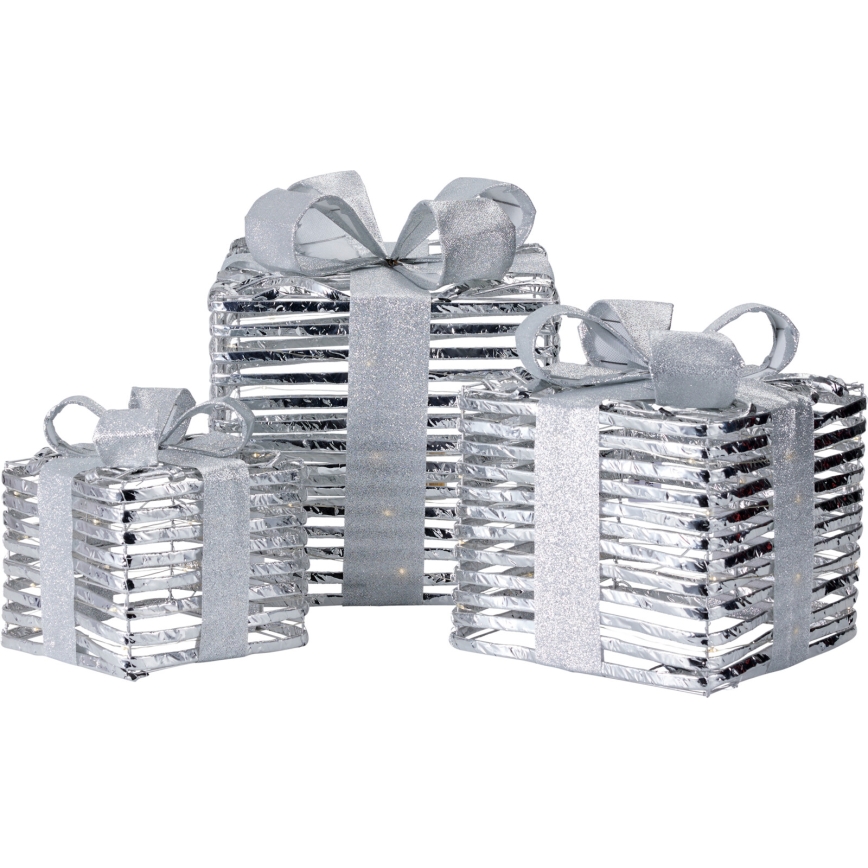 Σετ 3x LED χριστουγεννιάτικα διακοσμητικά 20xLED/2xAA + 30xLED/3xAA + 40xLED/3xAA θερμό λευκό δώρα/ασημί