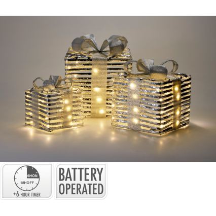 Σετ 3x LED χριστουγεννιάτικα διακοσμητικά 20xLED/2xAA + 30xLED/3xAA + 40xLED/3xAA θερμό λευκό δώρα/ασημί