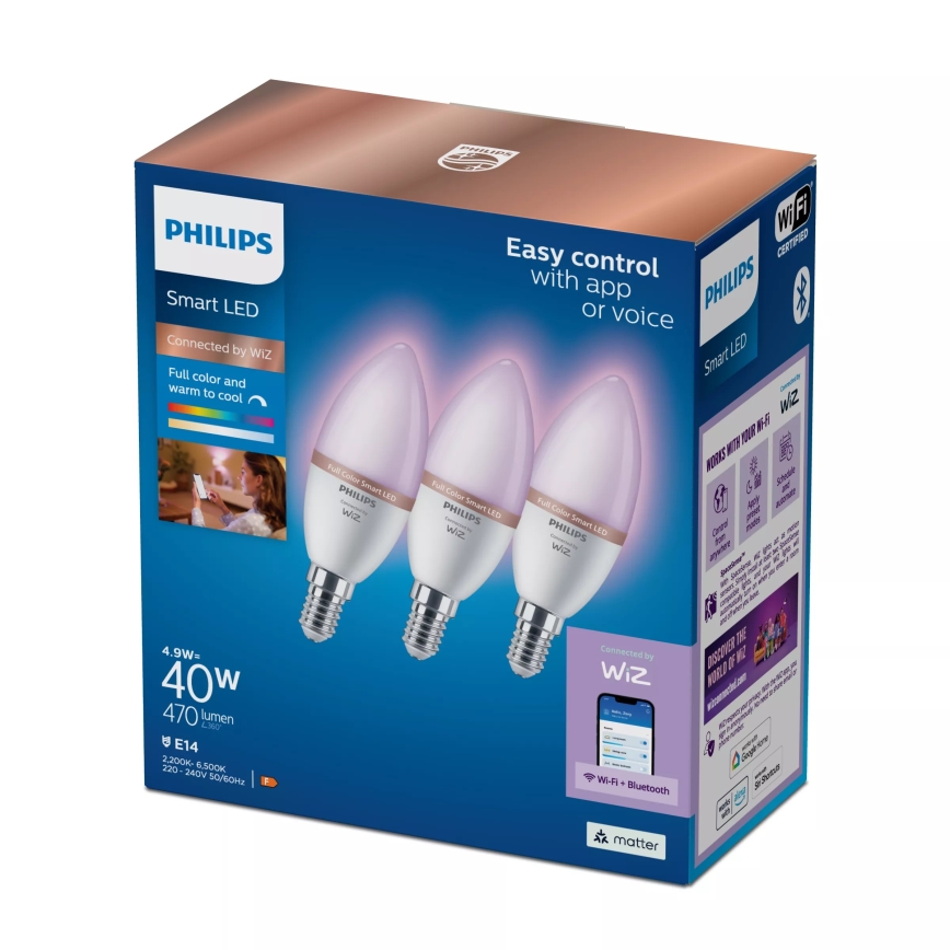 Σετ 3x RGB LED ρυθμιζόμενοι λαμπτήρες Philips SMART C37 E14/4,9W/230V 2200-6500K CRI 90