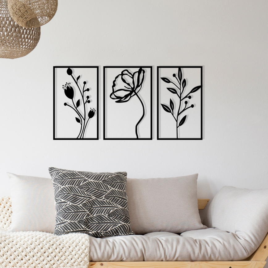 ΣΕΤ 3x Διακοσμητικό τοίχου 78x39 cm λουλούδια μεταλλικό