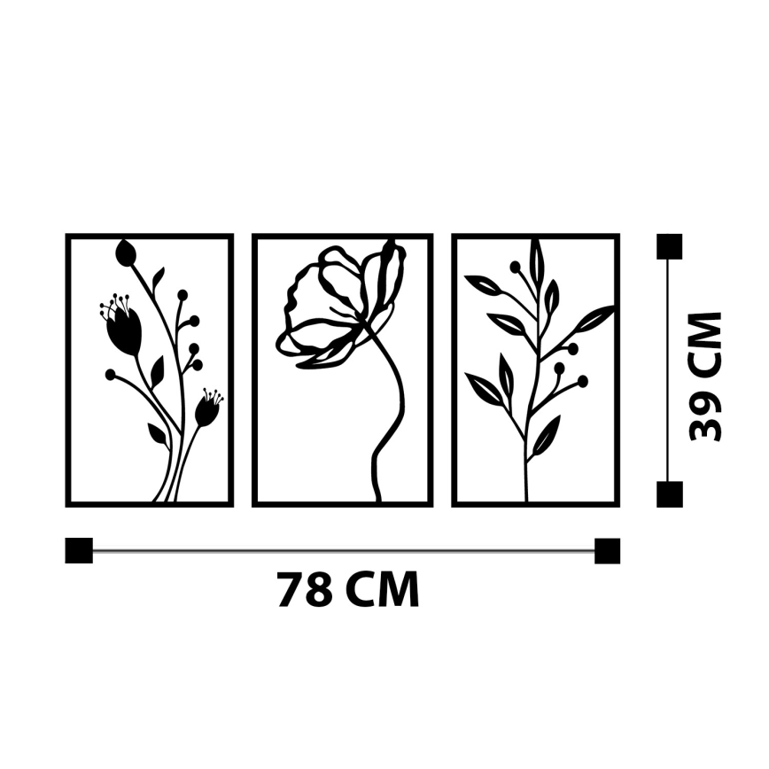 ΣΕΤ 3x Διακοσμητικό τοίχου 78x39 cm λουλούδια μεταλλικό