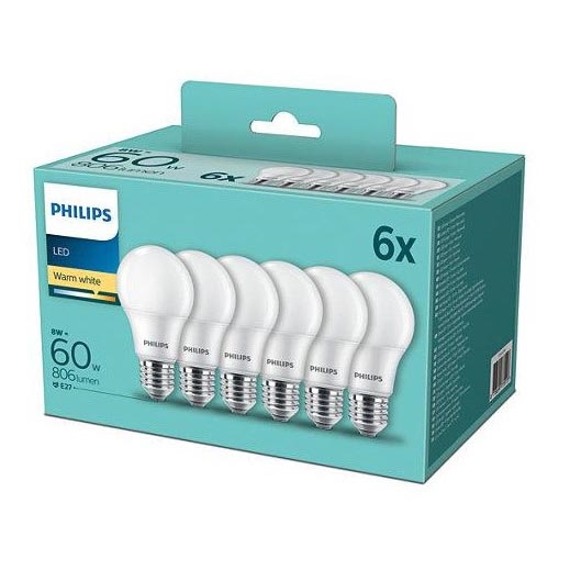 ΣΕΤ 6x Λαμπτήρας LED Philips A60 E27/8W/230V 2700K