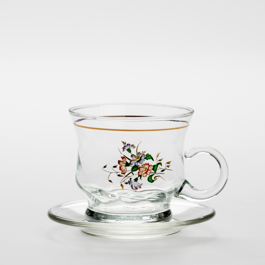 Σετ 6x γυάλινο φλιτζάνι με πιατάκι διαφανές μπουκέτο αρ. 2