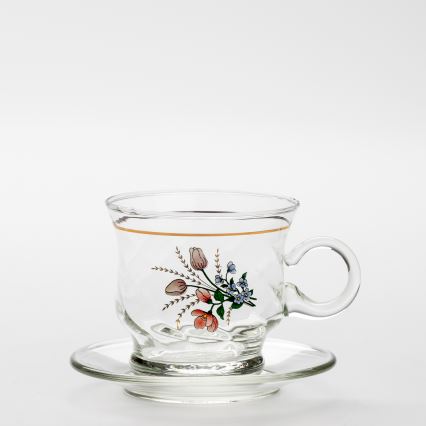 Σετ 6x γυάλινο φλιτζάνι με πιατάκι διαφανές μπουκέτο αρ. 3