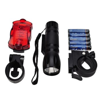 Σετ φώτα ποδηλάτου - εμπρόσθιο LED 3W + οπίσθιο 5xLED, 2xβάσεις, 2x+3xAAA μπαταρίες IP44