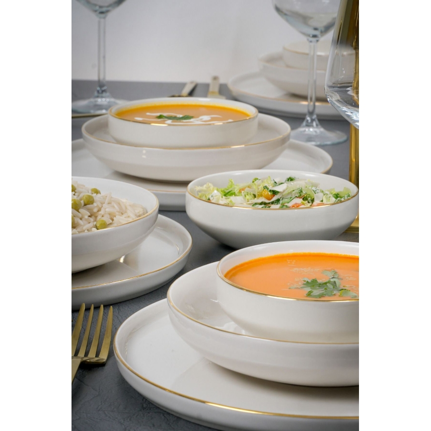 Σετ πιάτων 18 τεμαχίων — λευκό με χρυσές λεπτομέρειες, πορσελάνη