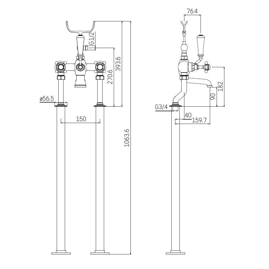 Σετ για ελεύθερη μπανιέρα με μπαταρία, 106,3 cm, γυαλιστερό χρώμιο