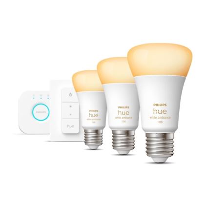 Σετ εκκίνησης Philips Hue White Ambiance 3xE27/11W 2200-6500K + Hue bridge και ρυθμιζόμενος διακόπτης φωτεινότητας (dimmer)