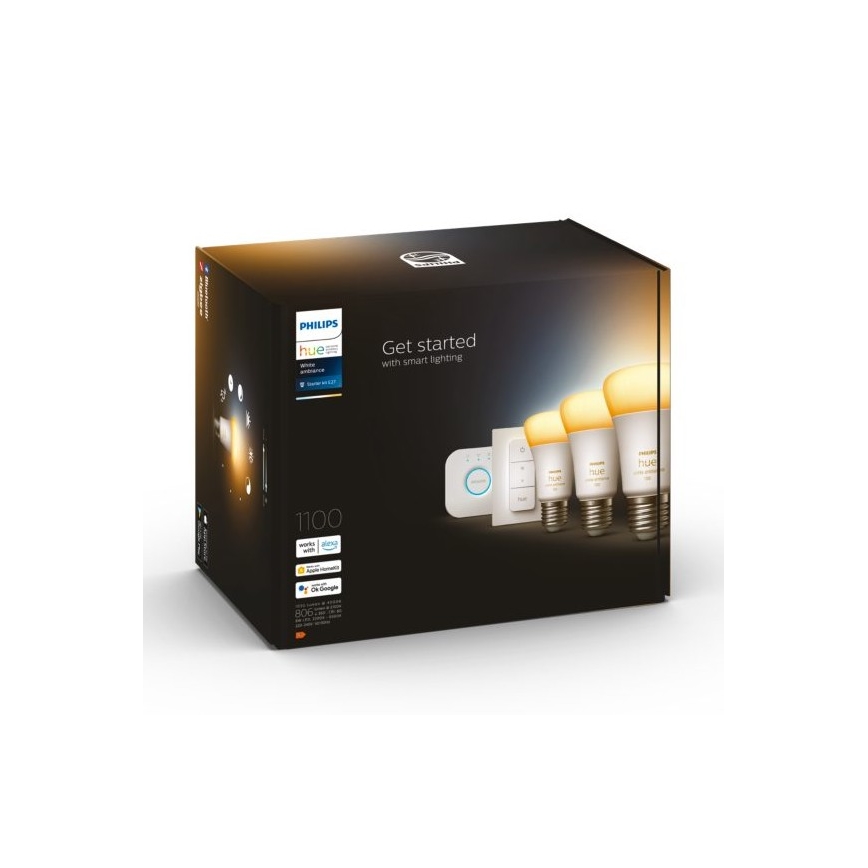 Σετ εκκίνησης Philips Hue White Ambiance 3xE27/11W 2200-6500K + Hue bridge και ρυθμιζόμενος διακόπτης φωτεινότητας (dimmer)