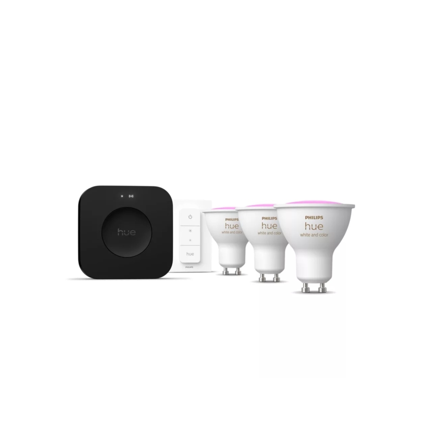 Βασικό σετ Philips Hue WHITE AND COLOR AMBIANCE 3xGU10/4,2W 2000-6500K + Hue bridge και διακόπτης ρύθμισης φωτεινότητας