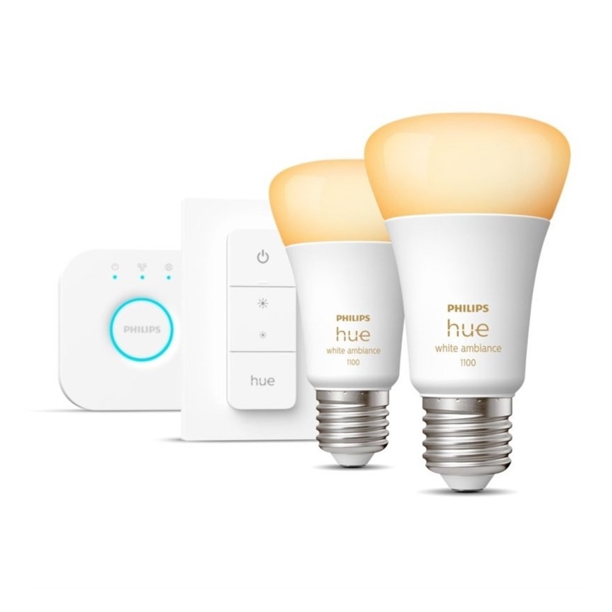 Σετ εκκίνησης Philips Hue WHITE AMBIANCE 2xE27/8W/230V + Hue Bridge και διακόπτης dimmer