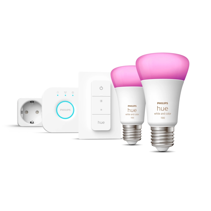 Σετ εκκίνησης Philips Hue WHITE AND COLOR AMBIANCE 2xE27/9W/230V 2200-6500K + έξυπνη πρίζα, Hue bridge και διακόπτης ρύθμισης φωτεινότητας