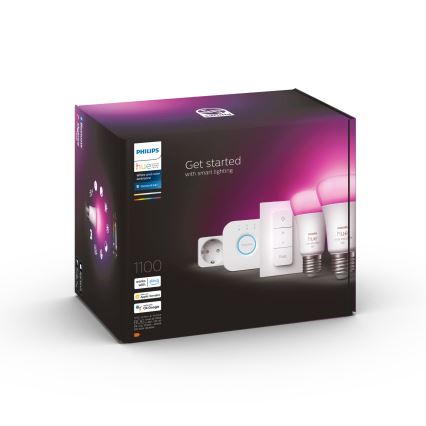 Σετ εκκίνησης Philips Hue WHITE AND COLOR AMBIANCE 2xE27/9W/230V 2200-6500K + έξυπνη πρίζα, Hue bridge και διακόπτης ρύθμισης φωτεινότητας