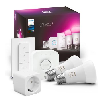 Σετ εκκίνησης Philips Hue WHITE AND COLOR AMBIANCE 2xE27/9W/230V 2200-6500K + έξυπνη πρίζα, Hue bridge και διακόπτης ρύθμισης φωτεινότητας
