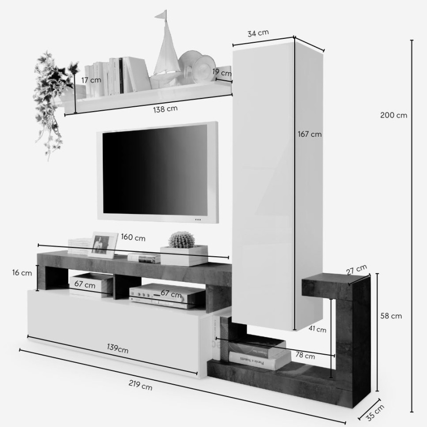 Σύνθετο σαλονιού LENOR λευκό/γκρι (εφέ σκυροδέματος)