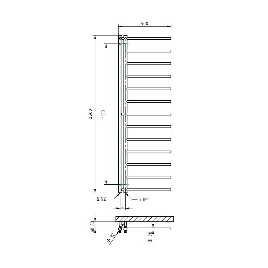 P.M.H. AP2C - Θερμαντικό σώμα-σκάλα μπάνιου APOLLO 219W 150 cm δεξιά/γυαλιστερό χρώμιο