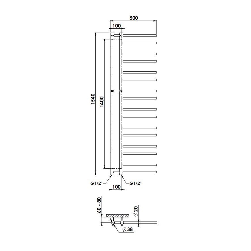 P.M.H. T2W-L - Θερμαντικό σώμα-σκάλα μπάνιου THEIA 352W 154 cm αριστερό/λευκό