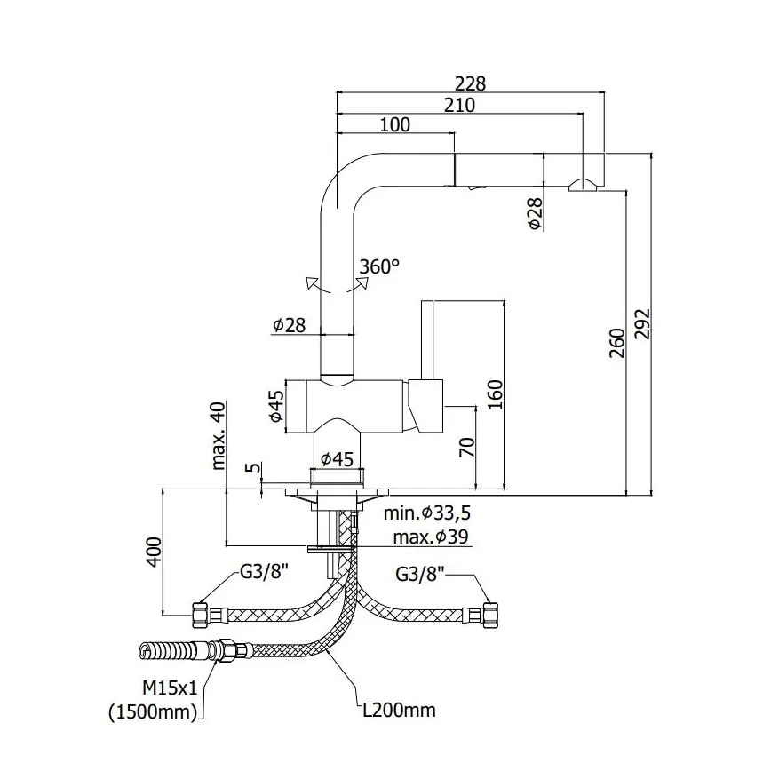 Paffoni - Μπαταρία κουζίνας με ανασυρόμενη κεφαλή ψεκασμού LIGHT 29,2 cm μαύρη