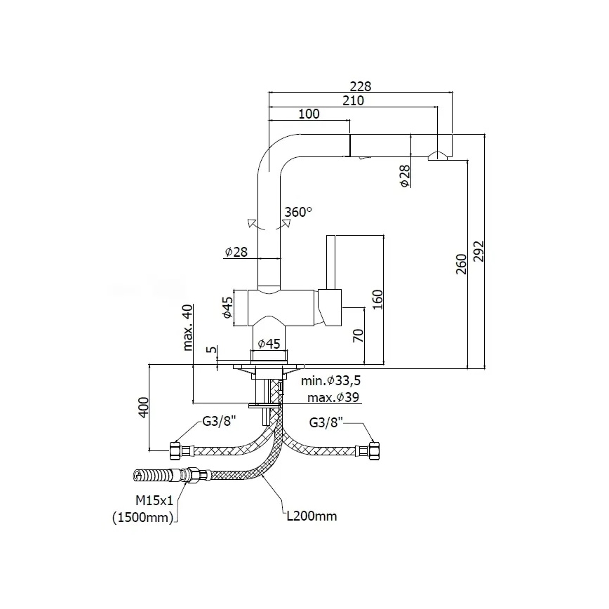 Paffoni - Μπαταρία κουζίνας με εξαγώγιμη κεφαλή LIGHT 29,2 cm γυαλιστερό χρώμιο
