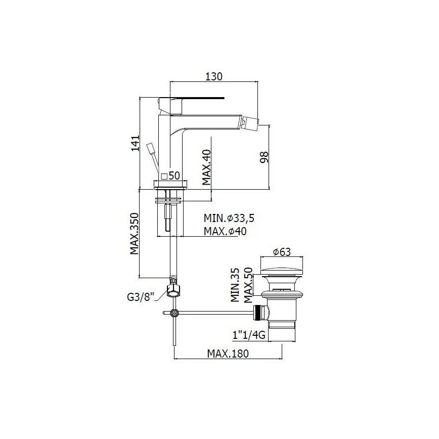 Paffoni - Μπαταρία μπιντέ + βαλβίδα αποχέτευσης TANGO ανοξείδωτο