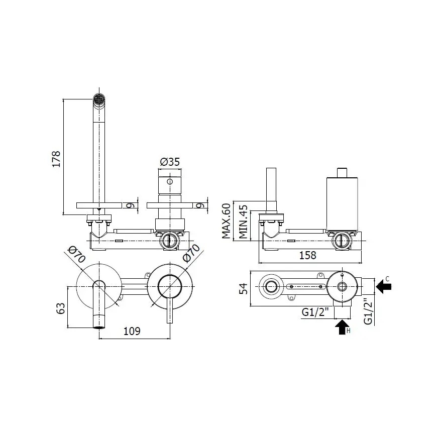 Paffoni - Μπαταρία νιπτήρα για εντοιχισμένη εγκατάσταση LIGHT χρυσή