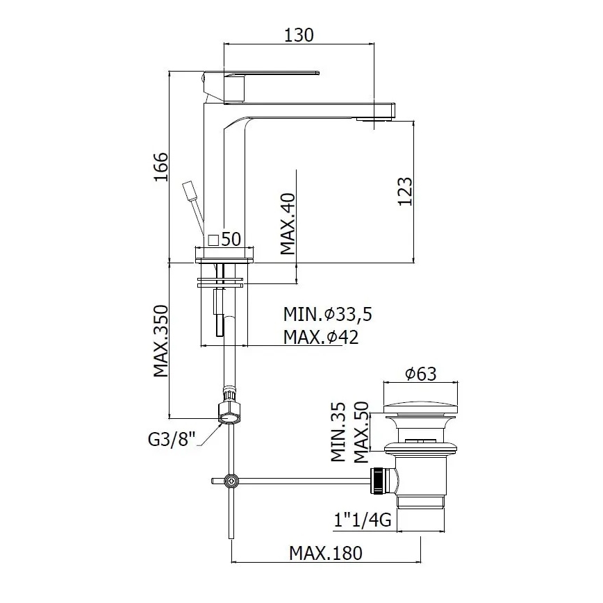 Paffoni - Μπαταρία νιπτήρα + βαλβίδα αποστράγγισης TANGO από ανοξείδωτο ατσάλι
