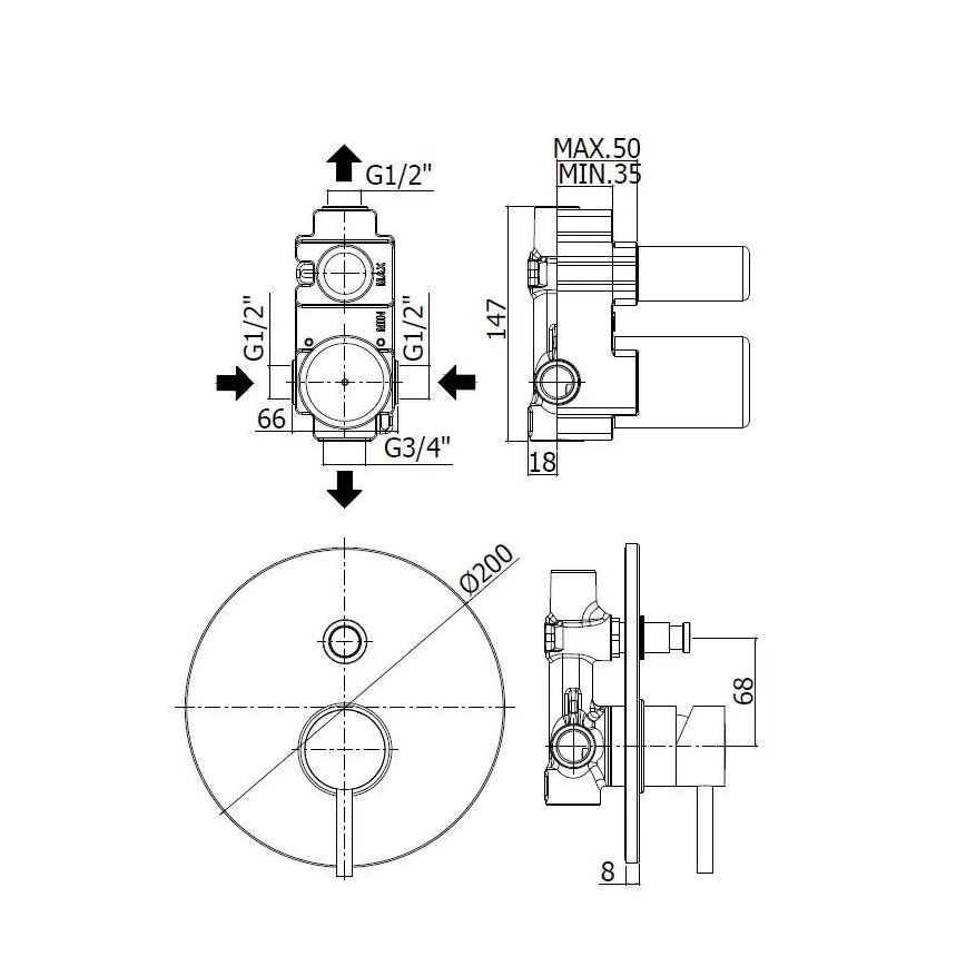 Paffoni - Μπαταρία ντους για εντοιχισμένη εγκατάσταση LIGHT, γυαλιστερό χρώμιο