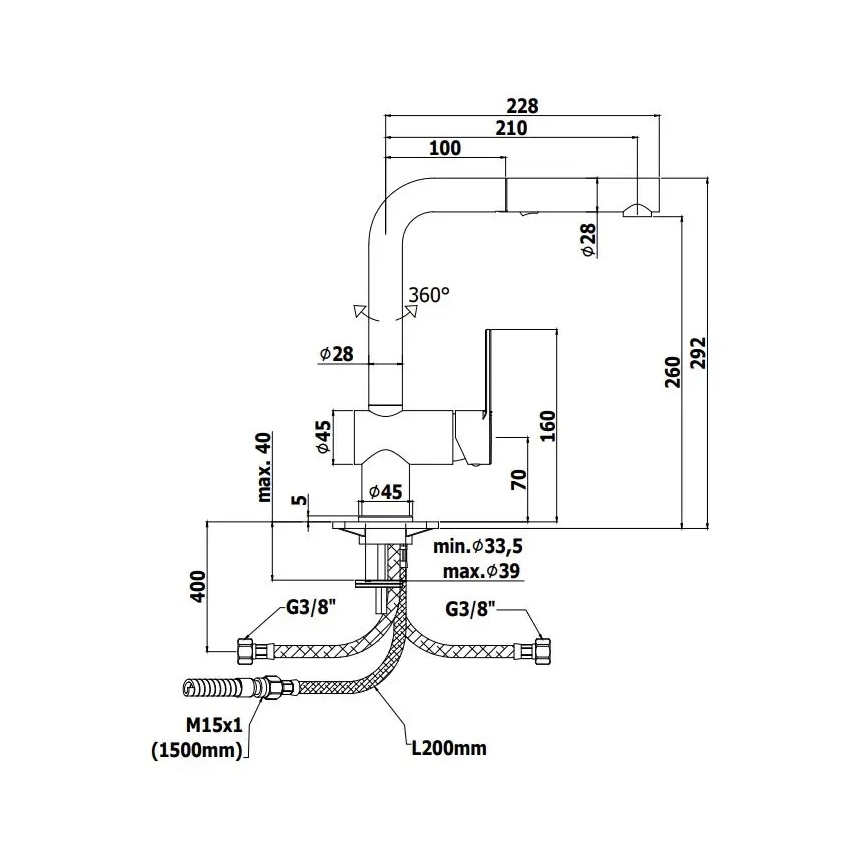 Paffoni - Μπαταρία νεροχύτη με ανασυρόμενη κεφαλή ντους RINGO 29,2 cm μαύρη