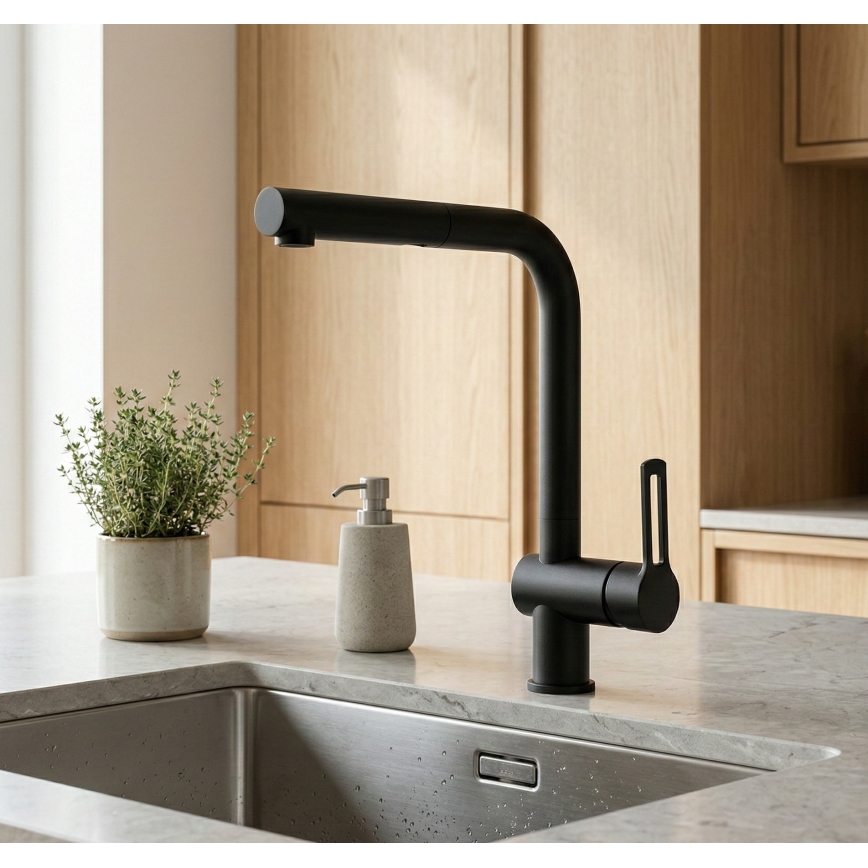 Paffoni - Μπαταρία νεροχύτη με ανασυρόμενη κεφαλή ντους RINGO 29,2 cm μαύρη