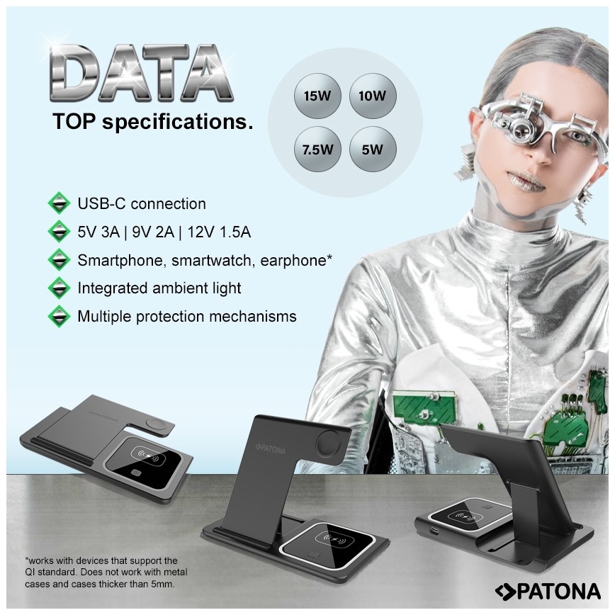 PATONA - Ασύρματος φορτιστής 3σε1 για iPhone μαύρο