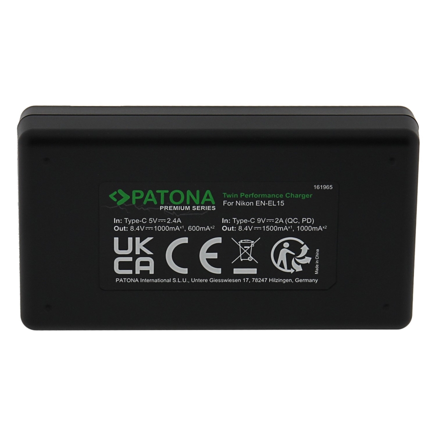 PATONA - Φορτιστής διπλός ταχείας φόρτισης Nikon EN-EL15/EN-EL15C + καλώδιο USB-C 0,6m