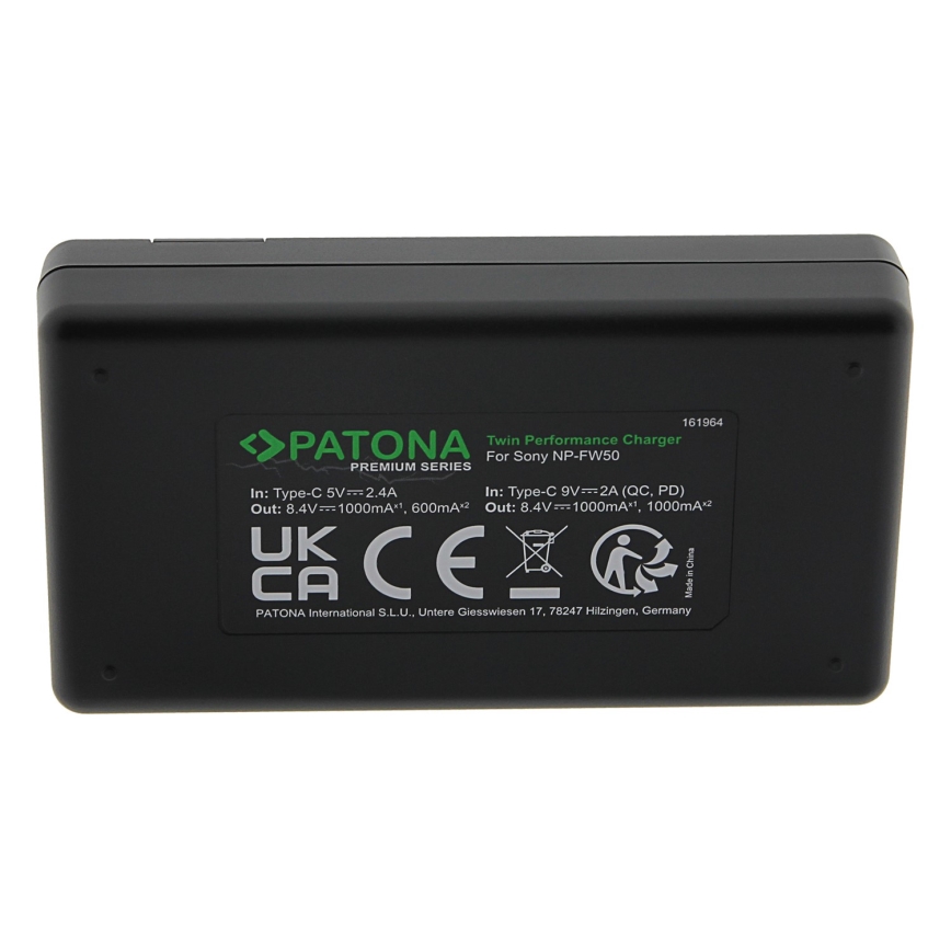 PATONA - Φορτιστής διπλός γρήγορης φόρτισης Sony NP-FW50 + καλώδιο USB-C 0,6m