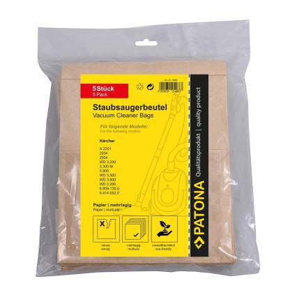 PATONA - Σακούλες για ηλεκτρική σκούπα KÄRCHER WD3/A2201/2204/2504/3.300/5.800 χαρτί - 5 τμχ