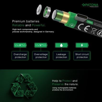 PATONA - ΣΕΤ 4x Μπαταρία AAA/LR03 Li-Pol 500mAh 1,5V with USB-C φόρτιση