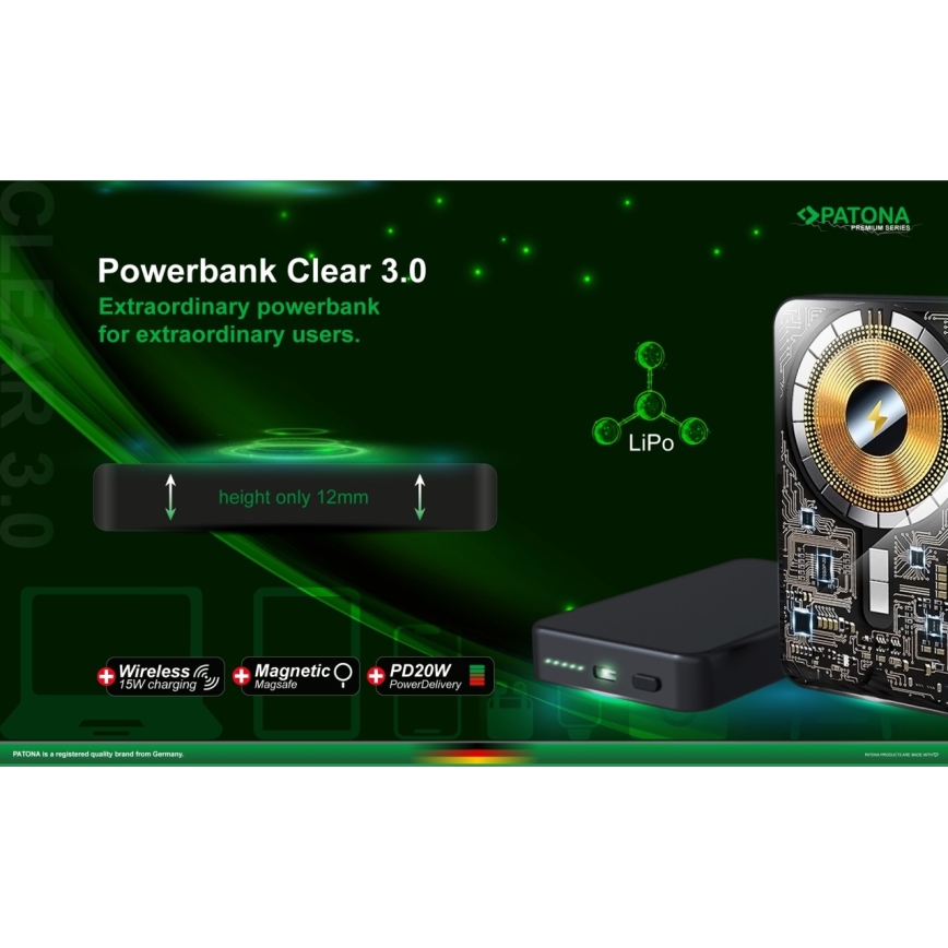 PATONA - Power Bank 10000mAh Li-Pol-PD20W με MagSafe, φόρτιση USB-C και Qi