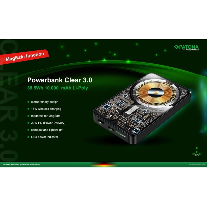 PATONA - Power Bank 10000mAh Li-Pol-PD20W με MagSafe, φόρτιση USB-C και Qi