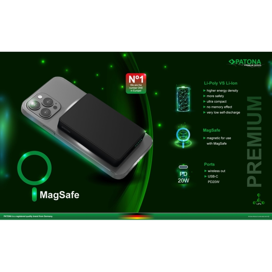 PATONA - Power Bank 10000mAh Li-Pol-PD20W με MagSafe, φόρτιση USB-C και Qi