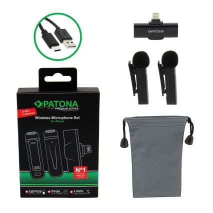 PATONA - ΣΕΤ 2x Ασύρματο μικρόφωνο με κλιπ για iPhone USB-C 5V