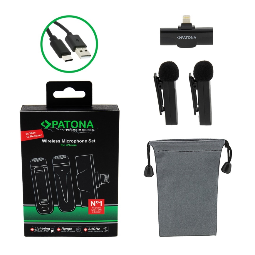 PATONA - ΣΕΤ 2x Ασύρματο μικρόφωνο με κλιπ για iPhone USB-C 5V