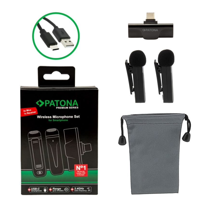 PATONA - ΣΕΤ 2x Ασύρματο μικρόφωνο με κλιπ για smartphone USB-C 5V 50 mAh