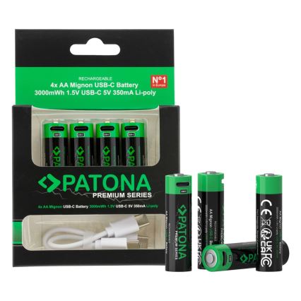 PATONA - ΣΕΤ 4x Μπαταρία AA/LR6 Li-Pol 2000mAh 1,5Vs with USB-C φόρτιση