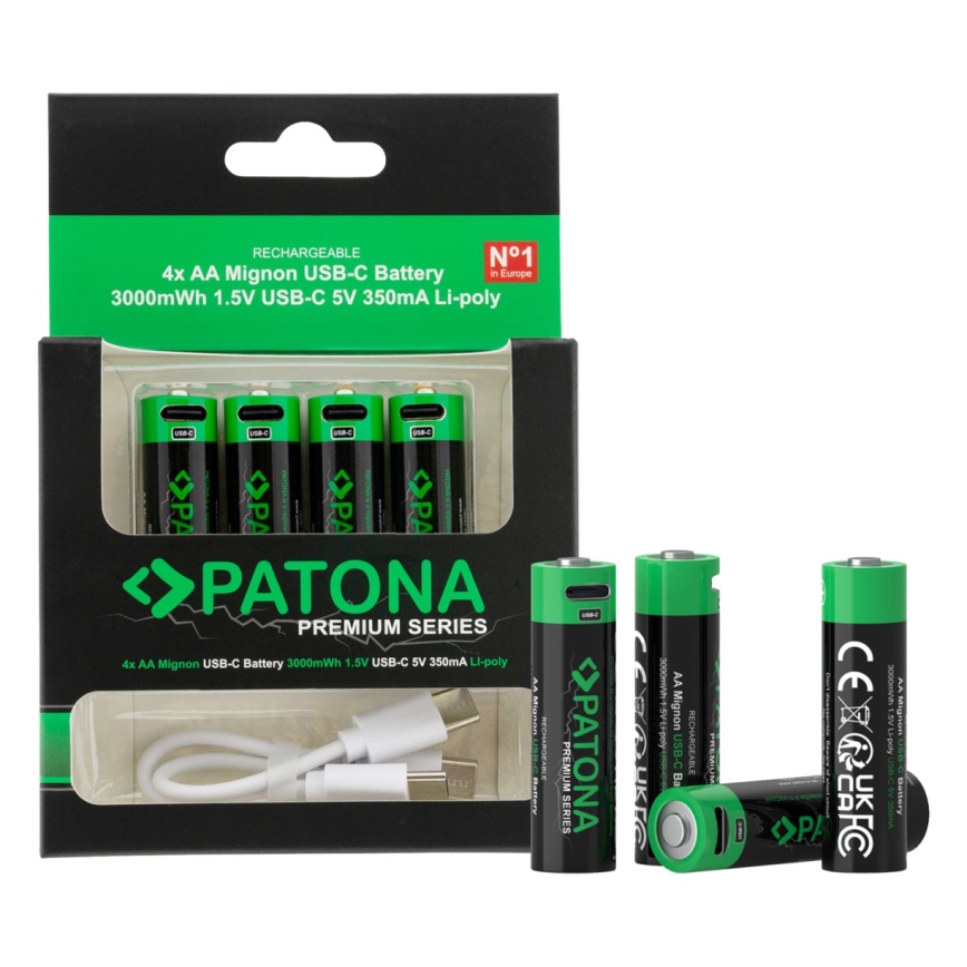 PATONA - ΣΕΤ 4x Μπαταρία AA/LR6 Li-Pol 2000mAh 1,5Vs with USB-C φόρτιση