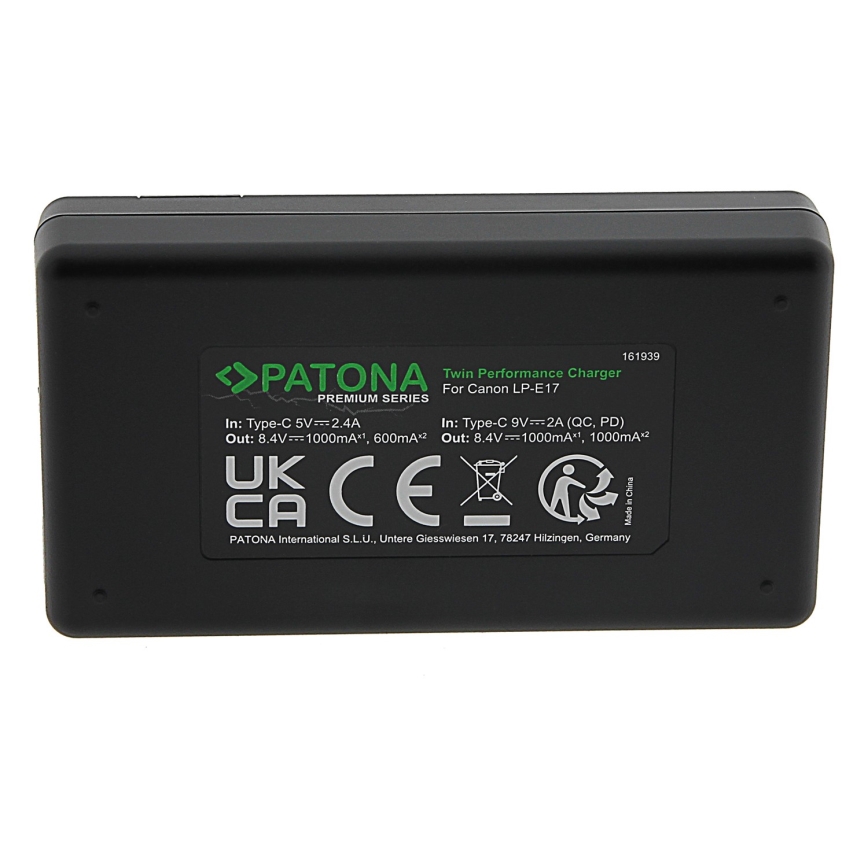 PATONA - Ταχύ φορτιστής Dual Canon LP-E17 + καλώδιο USB-C 0,6m