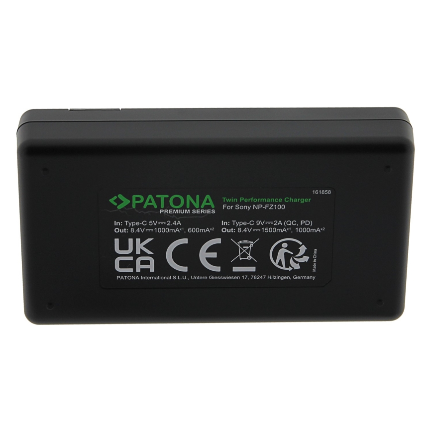 PATONA - Φορτιστής γρήγορης φόρτισης διπλός για Sony NP-FZ100 + cable USB-C 0,6m